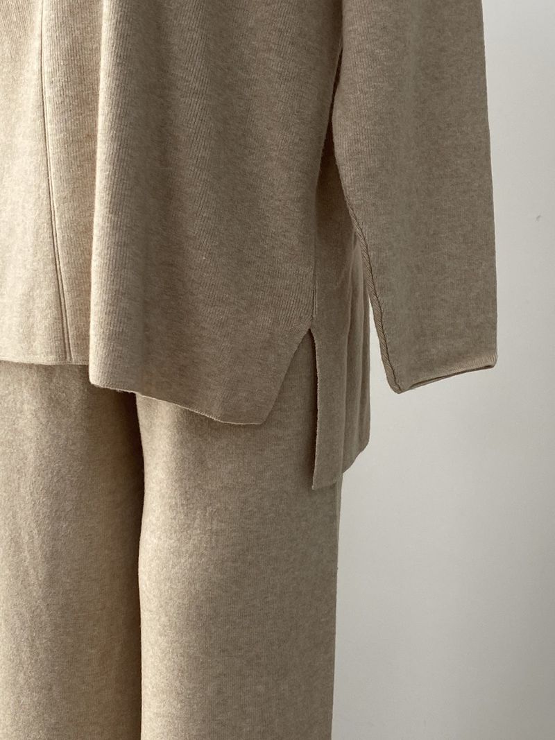 Completo in maglia oversize con orlo diviso, maglione a maniche lunghe e pantaloni da salotto (S/M/L), minimalismo accogliente per autunno/inverno_voghion.com
