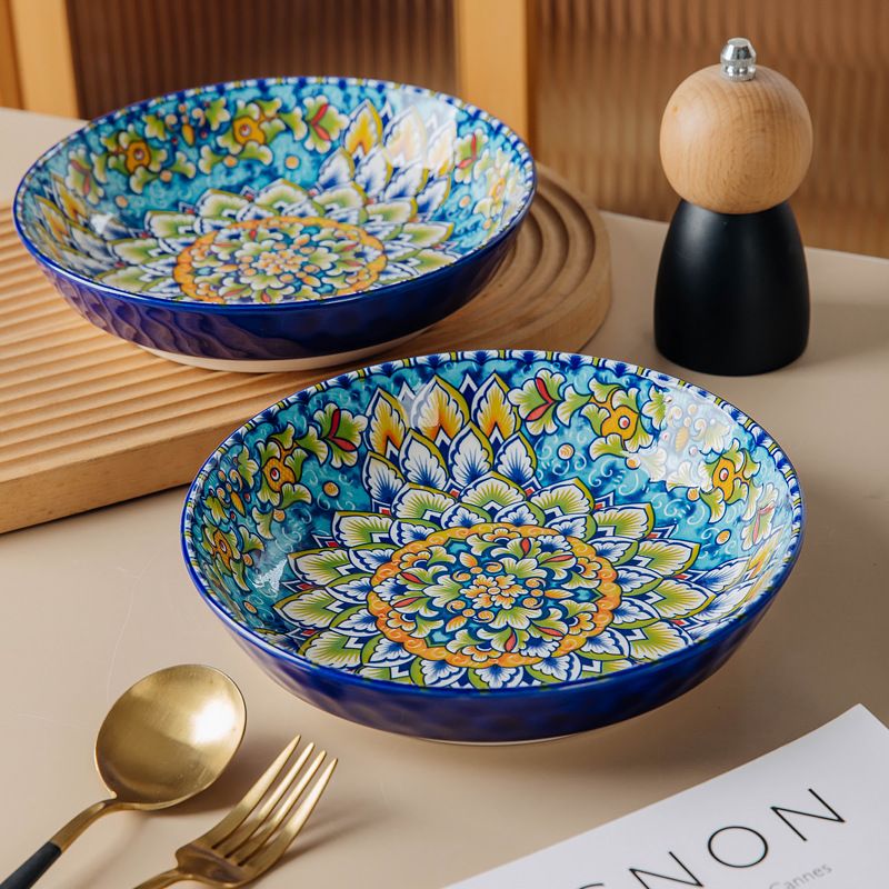 Bohemian Ceramic Dinner Plates – 8-Inch Stone Texture Underglaze Tableware Set, Microwave & Dishwasher Safe, Light Luxury Retro Style_voghion.com