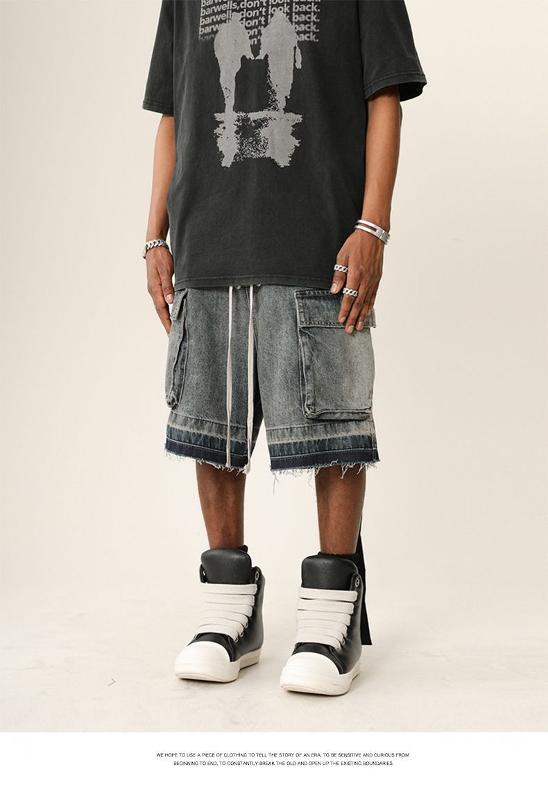 Herreklær High Street Vibe Vasket, slitt denimshorts med rå kanter Trendy merkevare Løse shorts med flere lommer_voghion.com