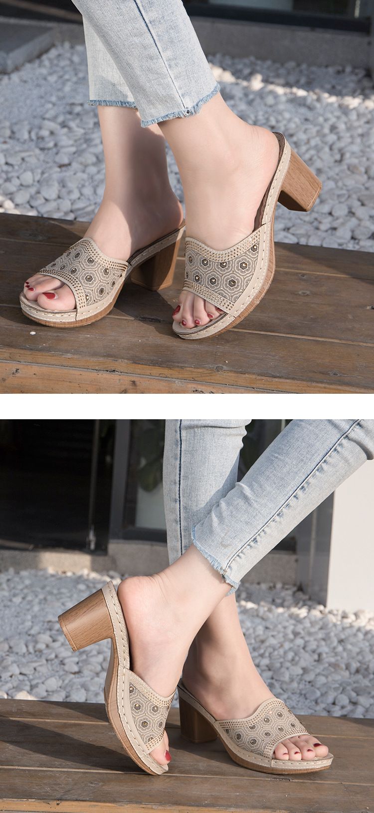 2022 Neue Sommersandalen für Damen im ethnischen Stil mit Wasserdiamant-Nähten, dicke High Heels, große bequeme Hausschuhe_voghion.com