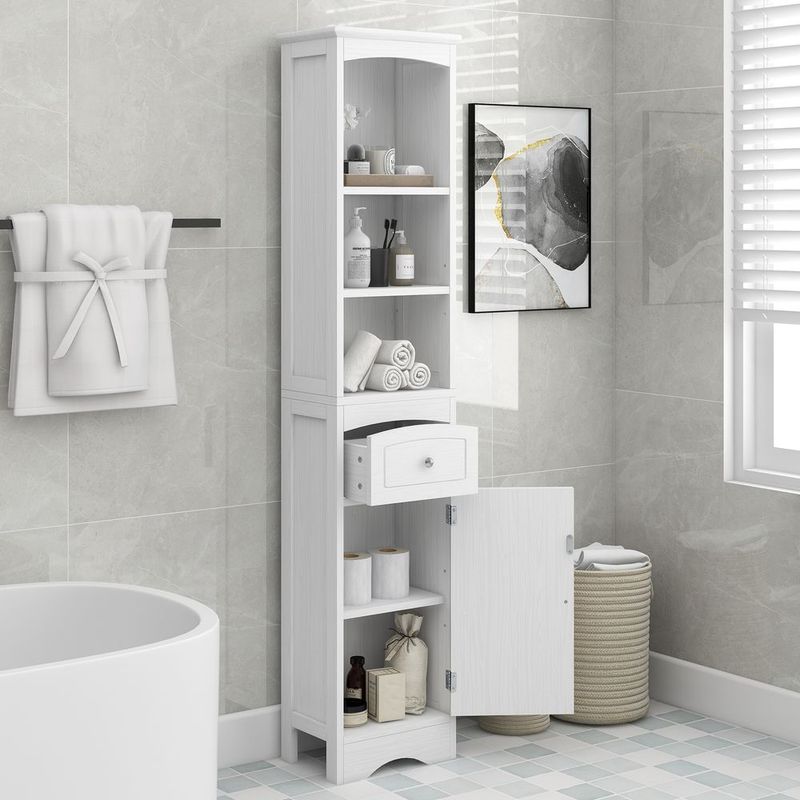 Tall Bathroom Cabinet; Freestanding Storage Cabinet With Drawer; MDF Board; Adjustable Shelf_voghion.com