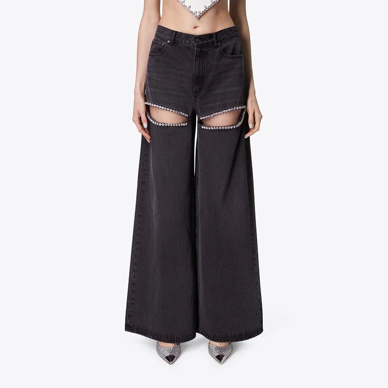 Vêtements pour femmes Niche design diamant clouté pantalon large jambe 2024 printemps nouvelle mode taille haute perlé haut de gamme jeans pour femmes_voghion.com