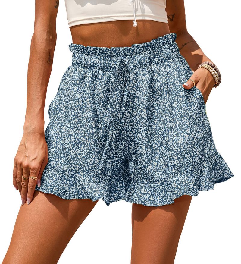 Women's Summer New Fashion Chiffon Printed Casual Pocket Elastic High Waist Ruffle Shorts_voghion.com