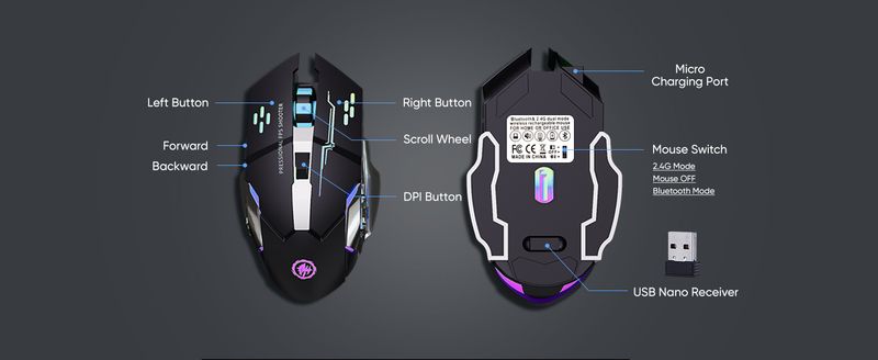 Oplaadbare draadloze muis met 2,4 GHz USB en Bluetooth, RGB-achtergrondverlichting, ergonomische, stille optische muis voor laptop, pc, MacBook en tablet_voghion.com