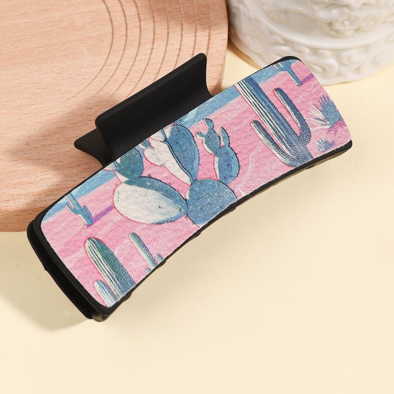 Kaktus-Haarspange aus PU-Leder mit Aufdruck – Wüstenpflanze im Anime-Stil, Krallenklammer für den Hinterkopf – Großer Hai-Clip_voghion.com