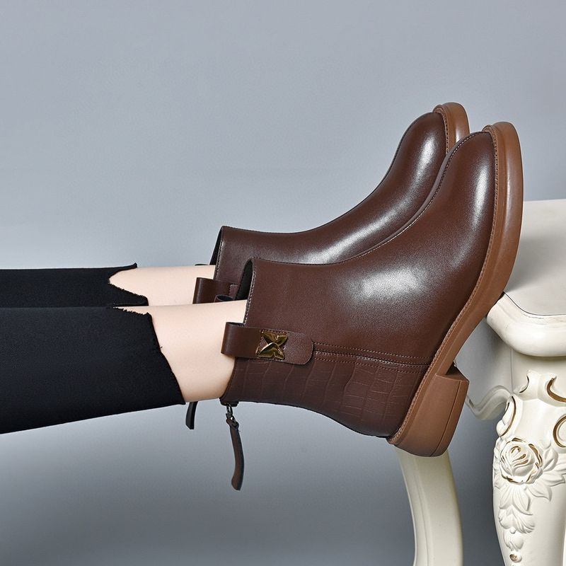 Ghete din piele pentru femei, cizme plate, simple, casual, cu fermoar la spate, cu cap rotund, cizme din bumbac cu fleece_voghion.com