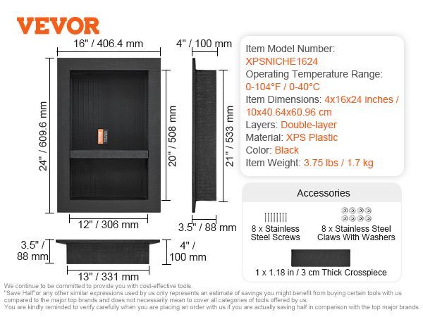 VEVOR Shower Niche Ready For Tile 16" X 24", Double Shelf Organizer, Square Corners Wall-inserted Niche Recessed, Sealed Protection Modern Soap Storage Niche For Shower Bathroom, Black_voghion.com