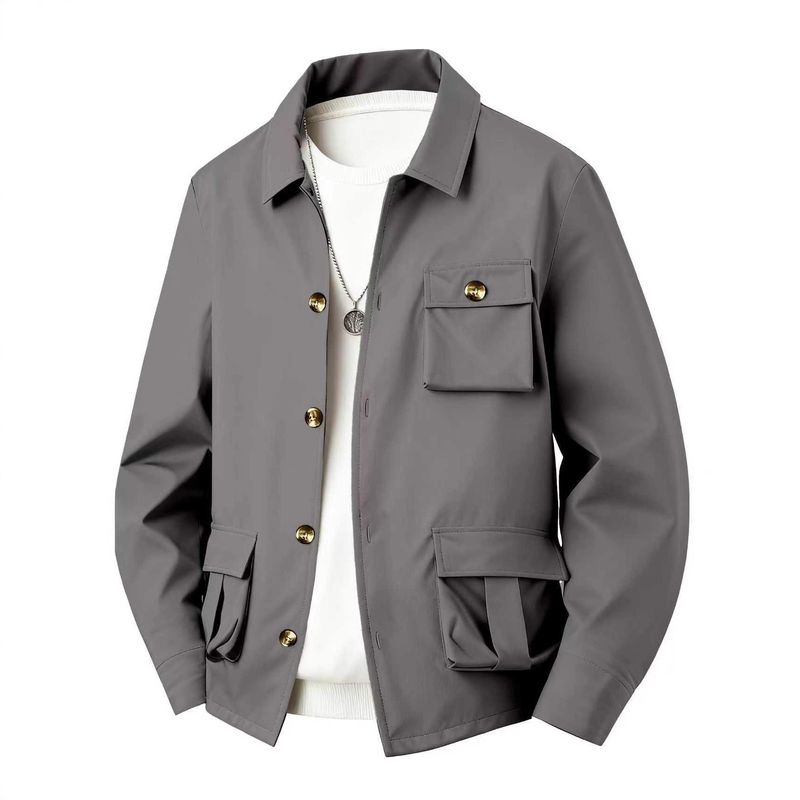 "Freizeitjacke mit mehreren Taschen für Herren – Leichter Workwear-Stil mit Knopfverschluss – Armeegrün/Schwarz/Blau/Grau/Khaki"_voghion.com