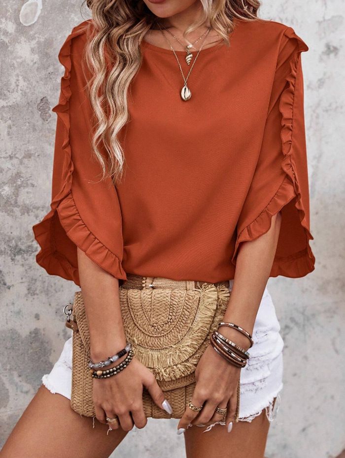 Damenbekleidung Neues reines Farbtemperament Vielseitiges Chiffonhemd Damenmode Unregelmäßiges Oberteil mit Dreiviertelärmeln_voghion.com