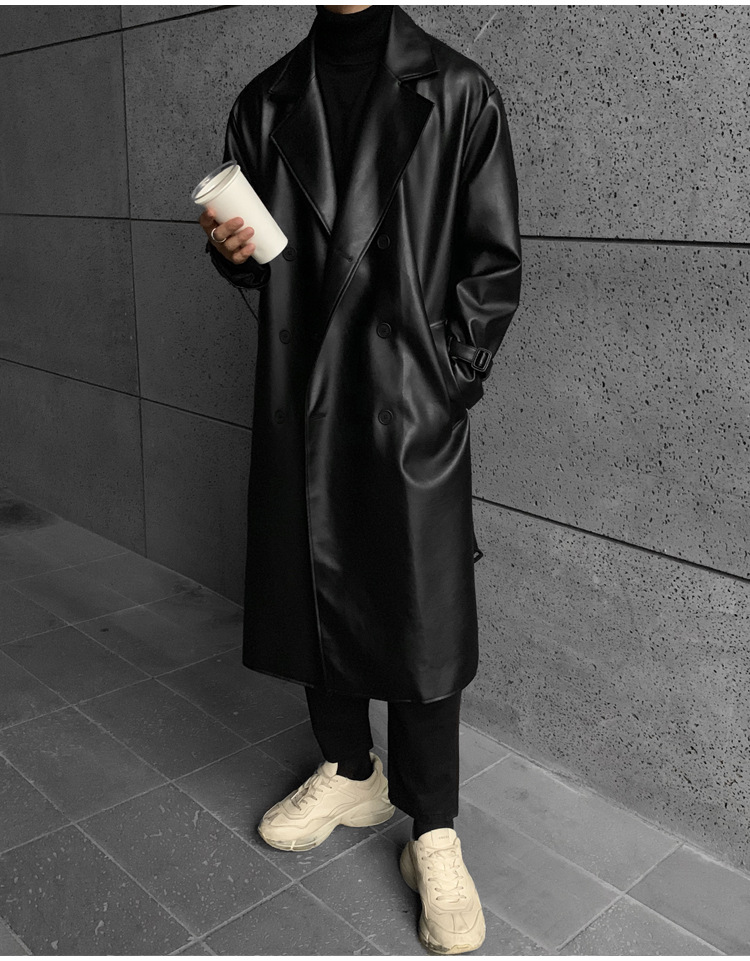 Roupas masculinas cor sólida casaco longo de couro casaco solto trench coat fashion casaco_voghion.com