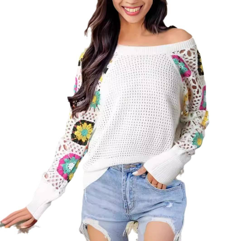 Dameskleding gebreide trui kleur gehaakte trui ronde hals one shoulder pullover top_voghion.com