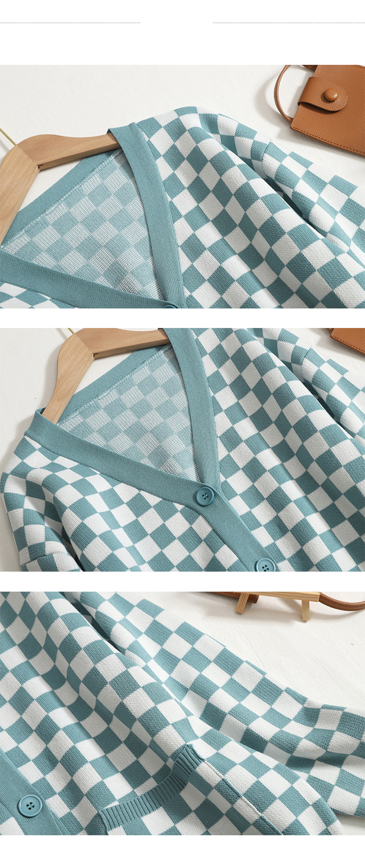 Damenbekleidung Neue Herbst- und Wintertemperament V-Ausschnitt Plaid Strickjacke Hohe Taille Schlankheitshose mit weitem Bein Hose Zweiteiliger Anzug_voghion.com
