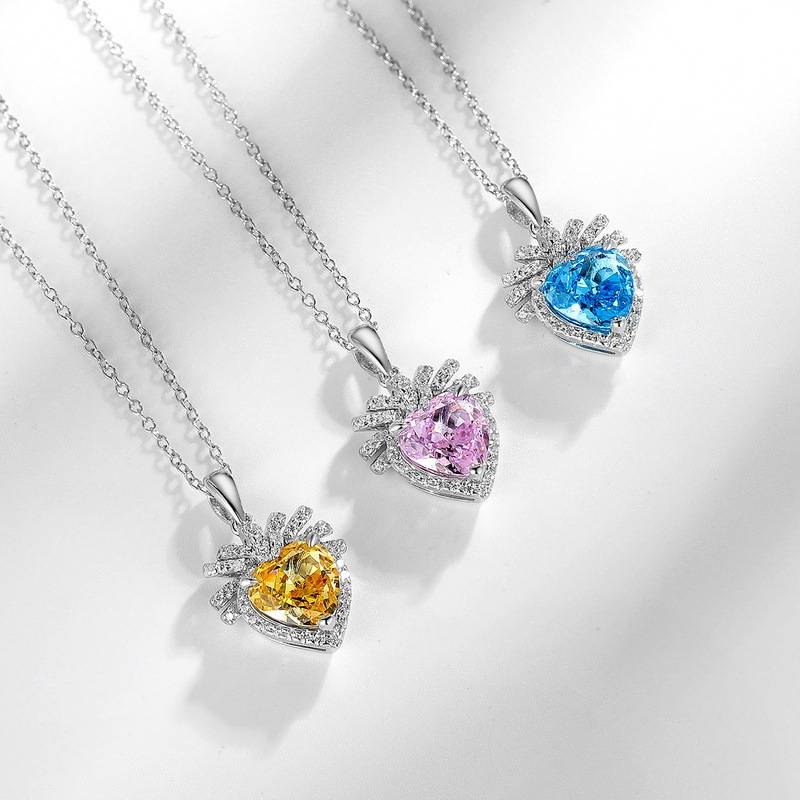 Herzförmiger Saphir-Anhänger mit rosafarbenem Diamanten, farbiger Edelstein, Schlüsselbeinkette, Schmuckzubehör für Damen_voghion.com