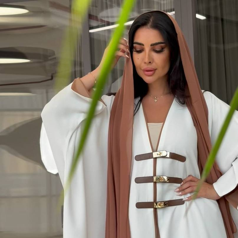 2025 New Dubai Moud Modest Solid Open Abayas Lieder Spannen Laang Ärm Kontrast Schwaarz Faarf Robe Ramadan Moslem Fraen Robe_voghion.com