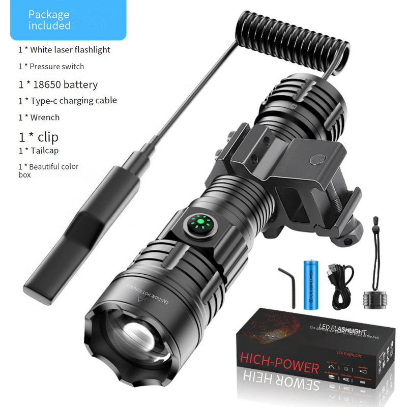 Taktische weiße Laser-Taschenlampe – 5000 Lumen zoombare LED mit Typ-C-Schnellladung, wiederaufladbares Suchlicht für Outdoor, Jagd, Notfall_voghion.com