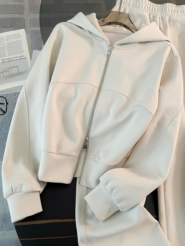 Women's Casual Sports Suit, Fashionable And Stylish, Zippered Sweatshirt, Wide-leg Pants, Two Pieces_voghion.com