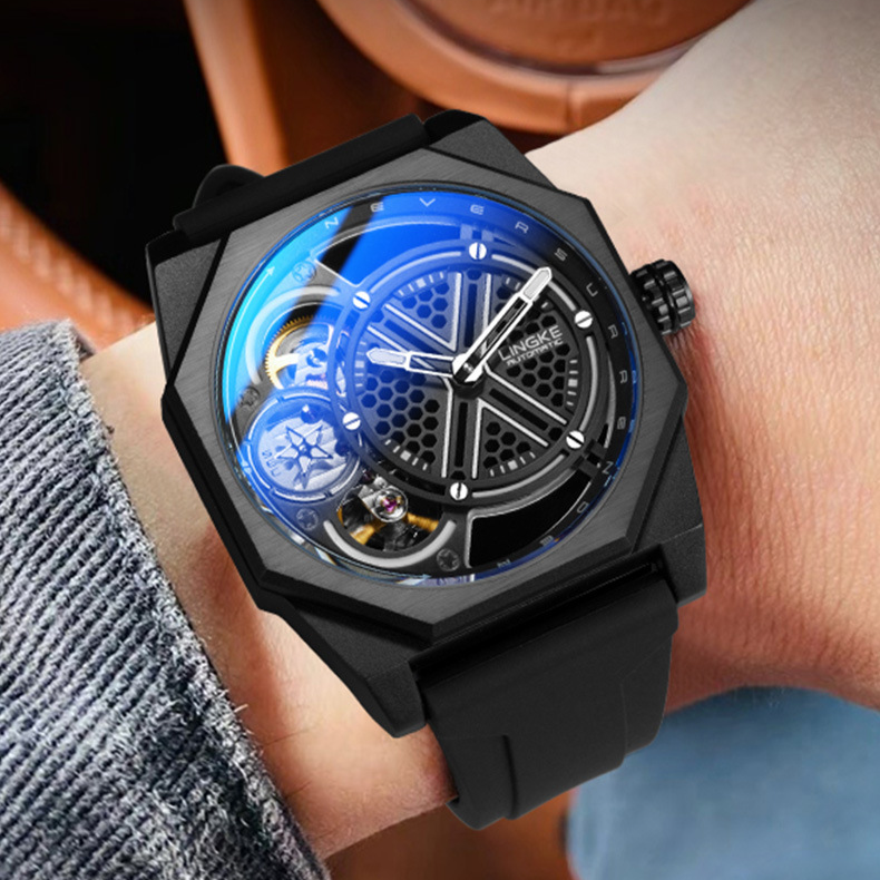 Men's Skeleton Dual Movement Watch With Barrel-Shaped Dial, Silicone Strap, Fashionable Mechanical Quartz Hybrid Timepiece For Casual & Sporty Look_voghion.com