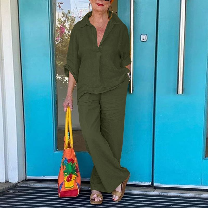 Traje de mujer de color liso con camisa de solapa suelta y pantalones anchos con abertura, traje informal de dos piezas para mujer._voghion.com