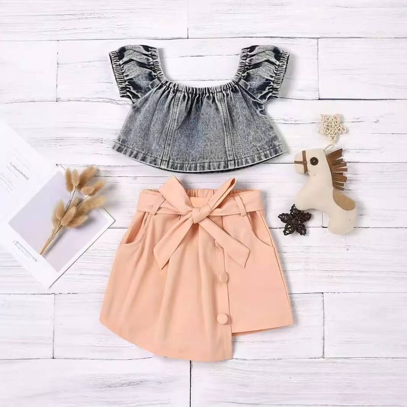 "Kids' Denim Wash Short-Sleeve Top + Asymmetrical Skirt & Belt 3-Piece Set – Soft Cotton Blend, A-Class Safe, Stylish For 3-8 Years (90-130cm)"_voghion.com