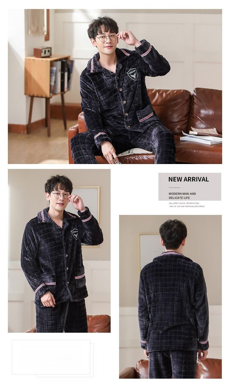 Autumn And Winter Thickened Flannel Pajamas Men's Youth Cardigan Long-sleeved Fleece Warm Coral Fleece Men's Suit Large Size_voghion.com