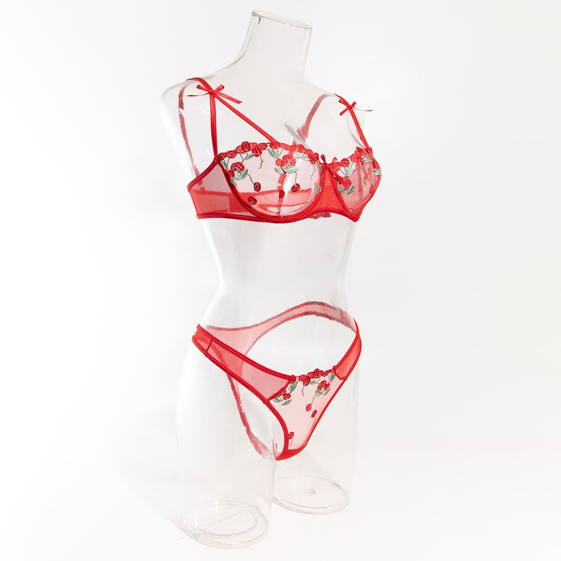 Completo reggiseno in rete trasparente ricamato in stile francese con dettagli a fiocco - Lingerie 2 pezzi_voghion.com
