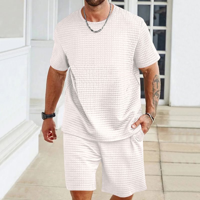 Ensemble 2 pièces pour homme, t-shirt et short à col rond, couleur unie, décontracté et sportif, à la mode, pour l'été_voghion.com