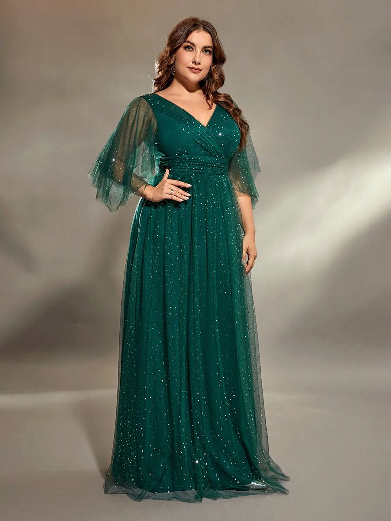 Mgiacy Plus Size V-neck Cro Chest Sklady Nepravidelný dlouhý rukáv File Síťovina Plná sukně Večerní šaty Plesová párty_voghion.com