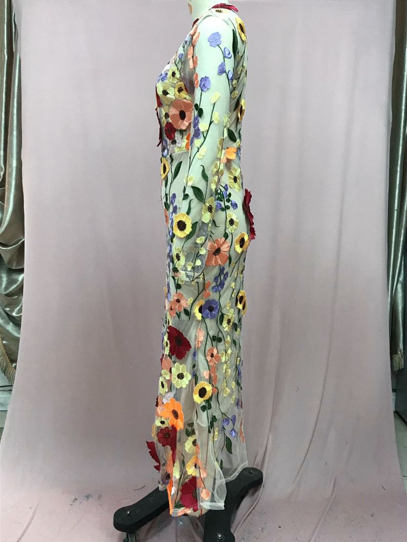24 Spring/Summer Round Neck Colorful Three Dimensional Flower Embroidery Mesh Slimming Wrap Hip Tail Long Dress_voghion.com