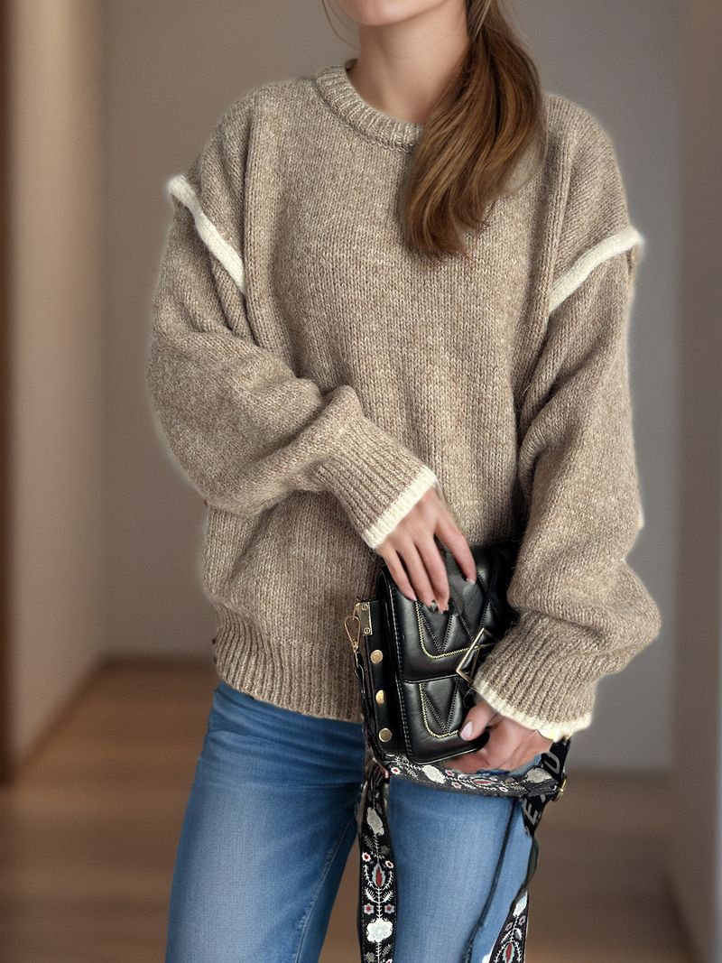 Pull en maille patchwork pour femme – Pull oversize à col rond et tissu épais et chaud (rose/gris/beige/kaki, S/M/L)_voghion.com
