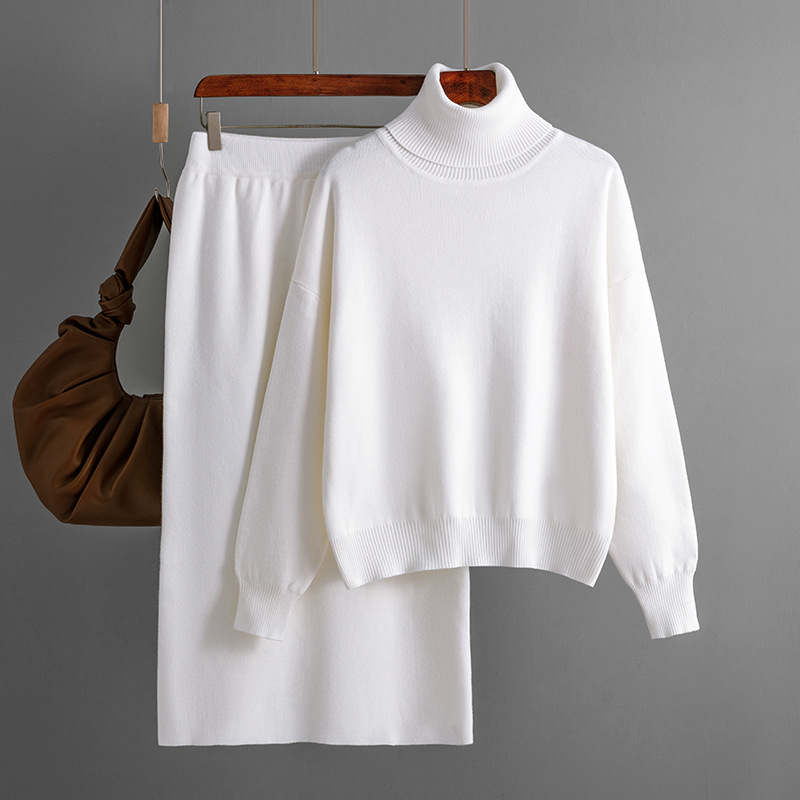 Women's clothing Solid color turtleneck sweater half-body hip-hugging skirt two-piece set knitted suit for women_voghion.com