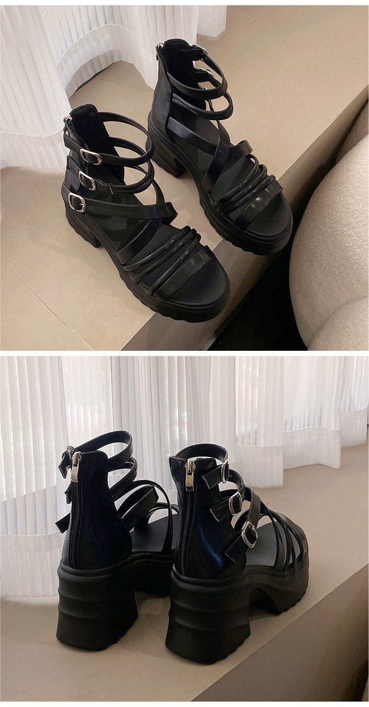 Sandale damă cu toc gros, stil gladiator roman, cu barete și toc înalt, platformă gotică, vârful deschis, pantofi cu cage_voghion.com