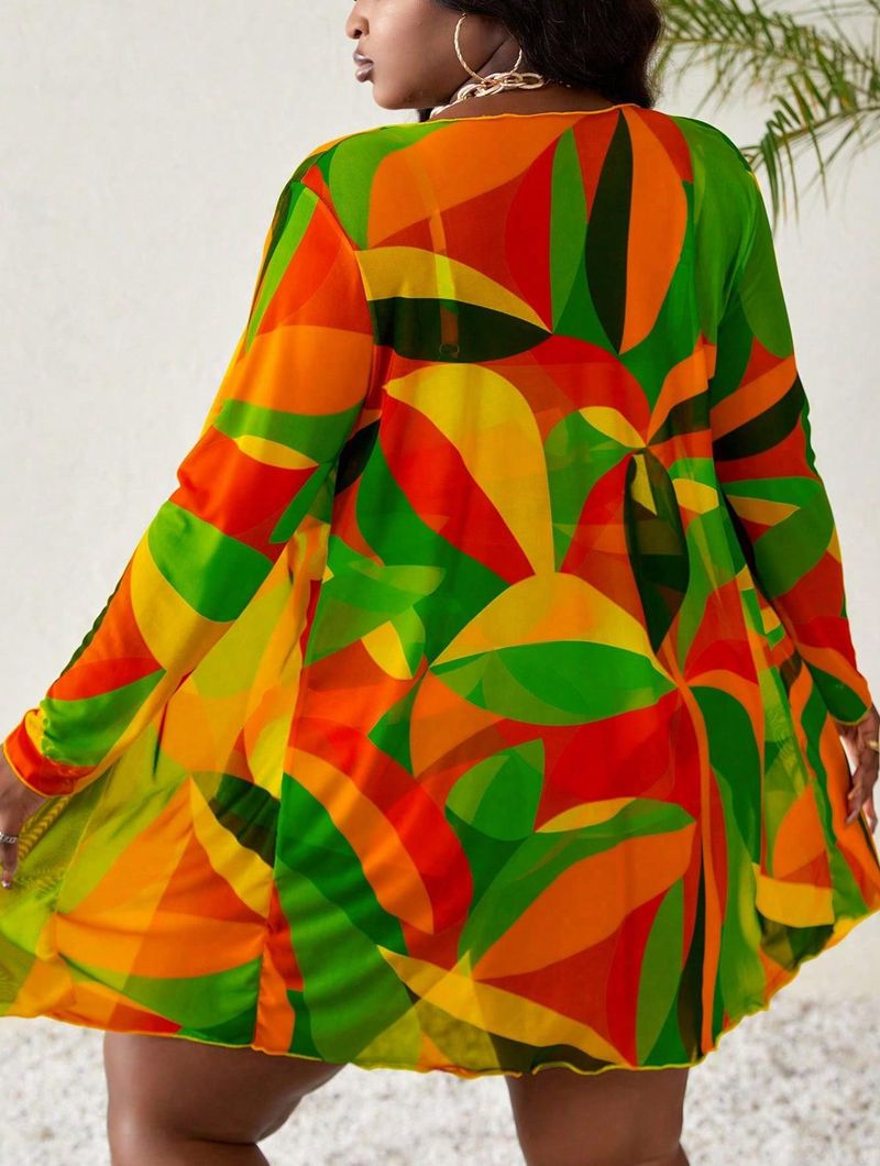 Women's Floral Print Cover-Up Swimsuit Set - Sheer Beach Tunic With Bikini & Sarong - Plus Size Swimwear For Pool_voghion.com