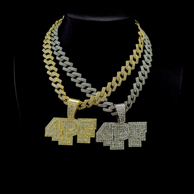 4PF Numeric Letter Pendant with Diamond Cuban Chain Street Dance Hip Hop Rap Trendy Accessories_voghion.com
