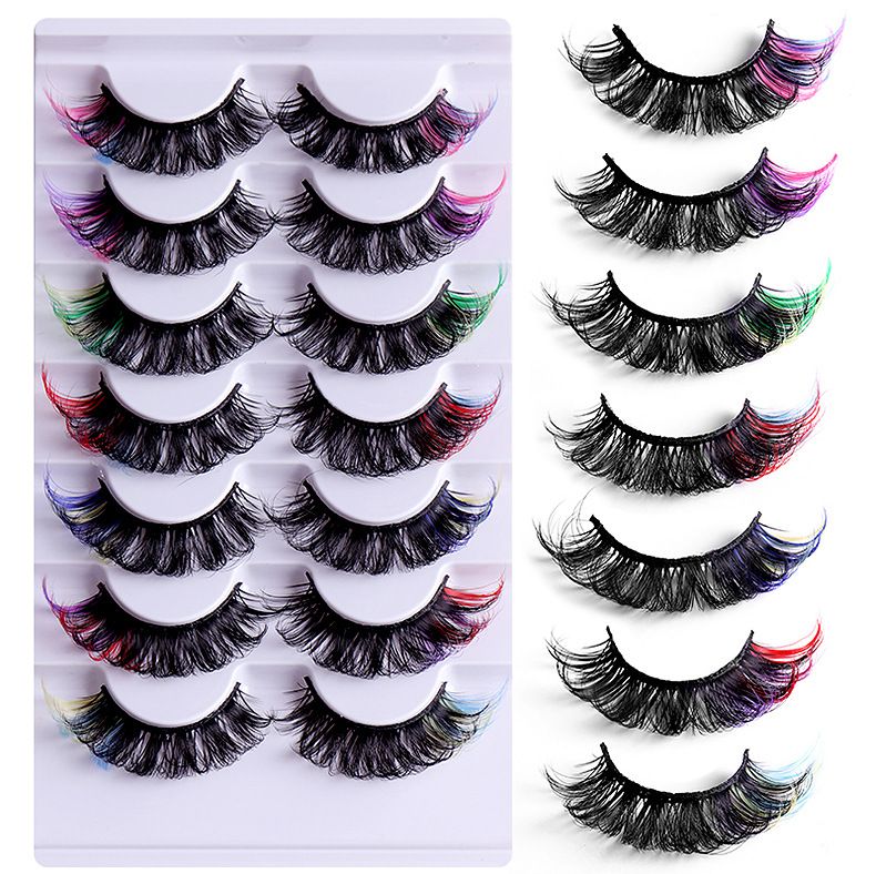 7 - Pair Set Of Colored Faux Mink False Eyelashes - Natural, Multi - Layered, Stereoscopic & Dense_voghion.com