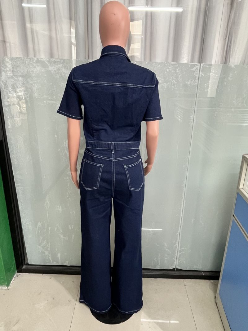 Mono vaquero holgado, elástico, acampanado, lavado, de manga corta, con pantalones de pierna ancha_voghion.com