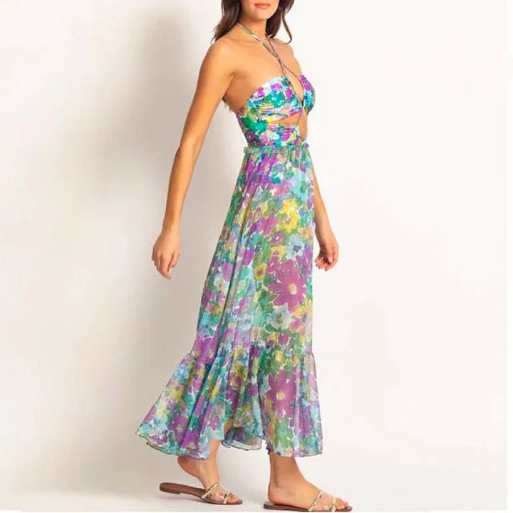 Maillot de bain une pièce pour femme, ensemble maillot de bain une pièce à imprimé ajouré, col licou et jupe parapluie_voghion.com