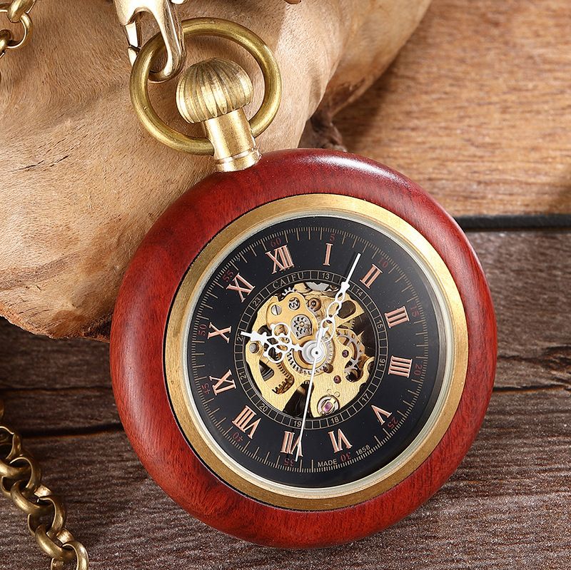 New Red Copper Roman Scale Wood Grain Straight Board Without Cover Manual Mechanical Pocket Watch_voghion.com