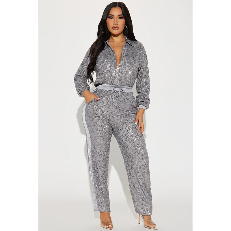 Women's Clothing autumn and winter sequin sequined sexy deep V neck jumpsuit_voghion.com