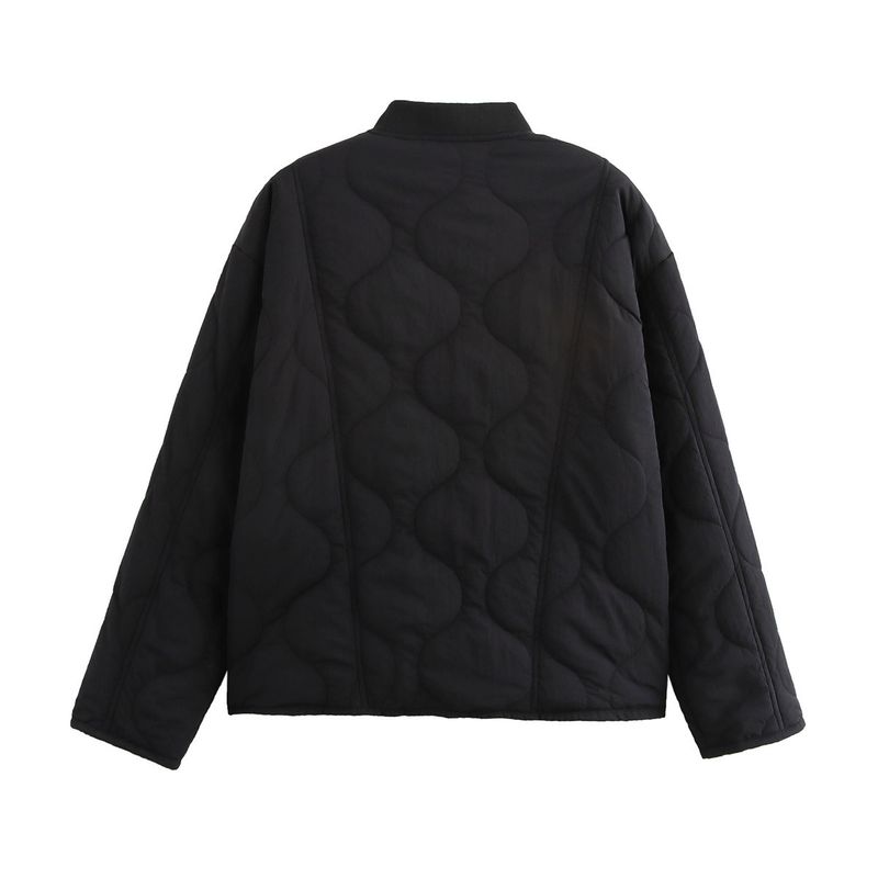 Women's Street Fashion Quilted Puffer Jacket For Autumn Winter - Lightweight Warm Coat With Button Closure, Round Neck, Long Sleeve_voghion.com