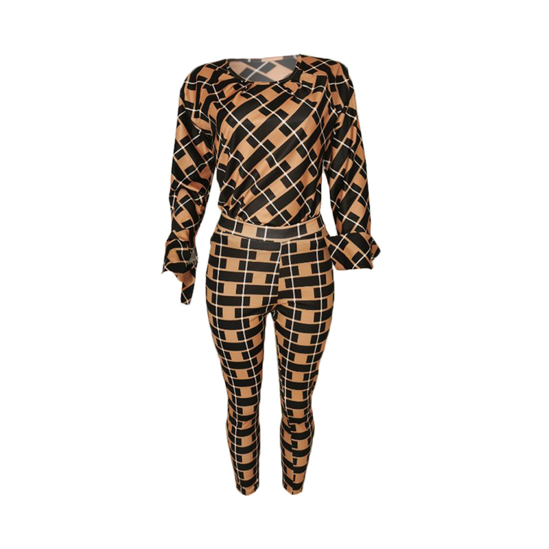 Explosieve losse blouse met lange mouwen en geruite broek, tweedelige set_voghion.com