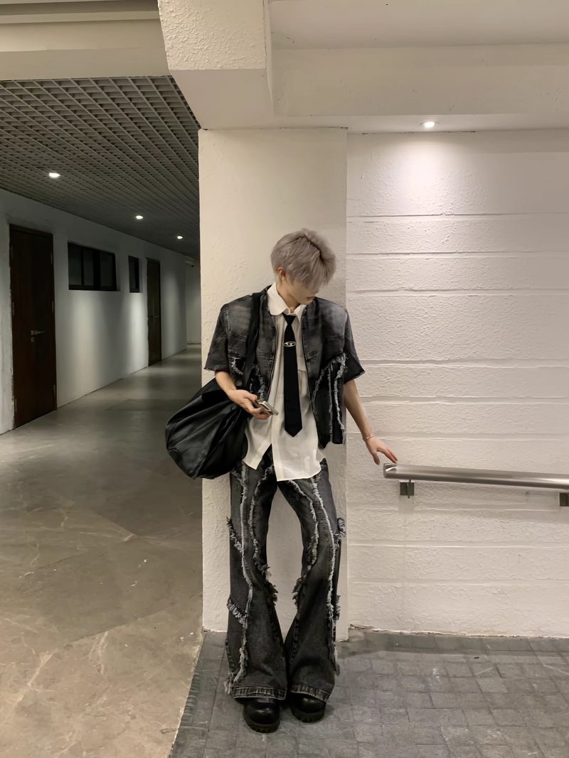Men's Clothing Niche Design Raw Edge Shoulder Pad Denim Short Sleeve Washed Heavy Jeans Suit Men's Jacket Shirt Short_voghion.com
