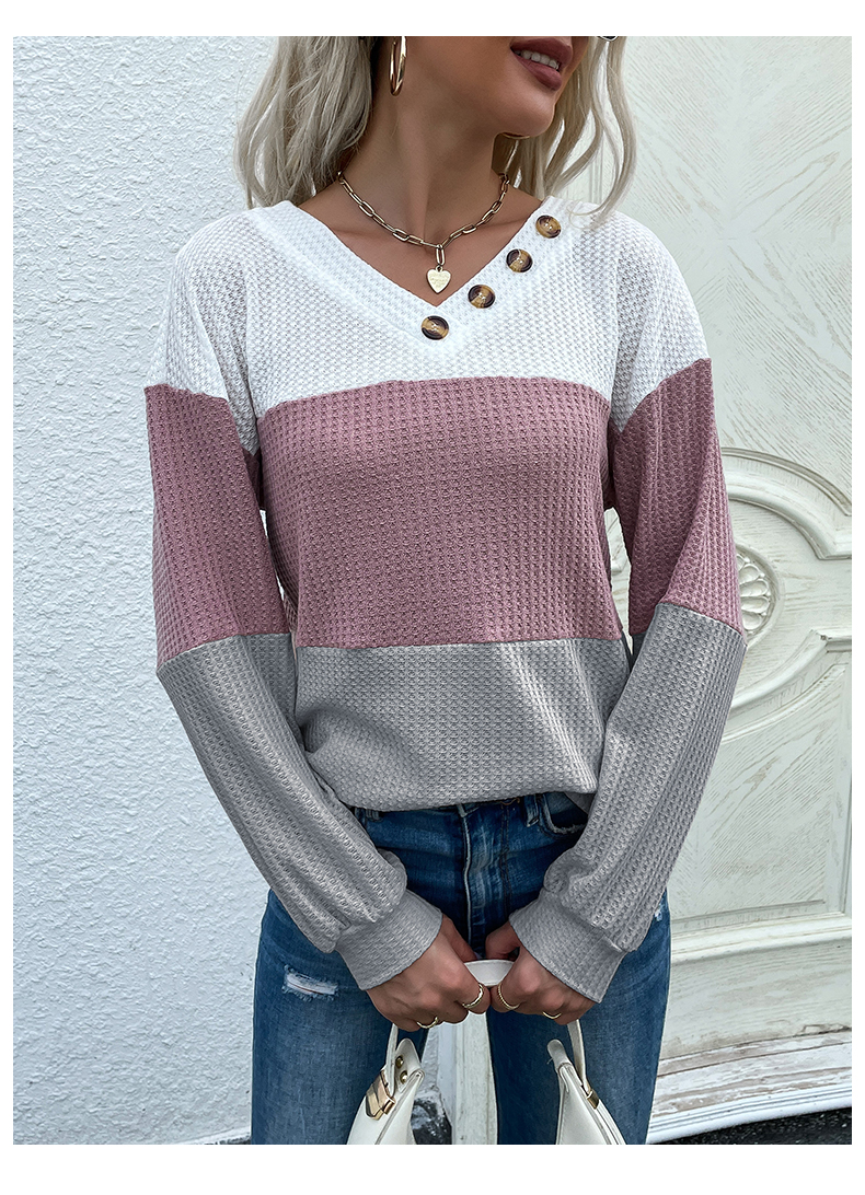 Maglione pullover a maniche lunghe con bottoni a nido d'ape e scollo a V color block_voghion.com