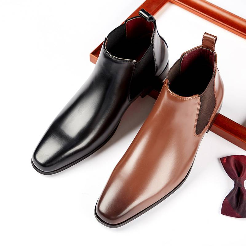 2024 Novas Botas Outono/Inverno Masculinas Botas Curtas de Couro Genuíno Vestido de Negócios Pequena Cabeça Quadrada Botas de Couro de Cano Alto Elástico Duplo_voghion.com