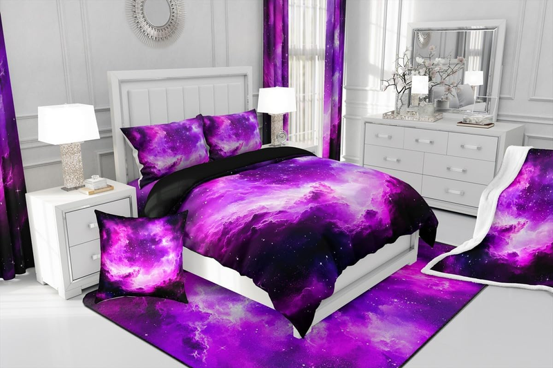 Pink Galaxy Bedding Set Outer Space Comforter Cover Set 3D Space Outer Sky Duvet Cover Bedroom Decor Universe Cloud Galaxy Bedding Collection _voghion.com
