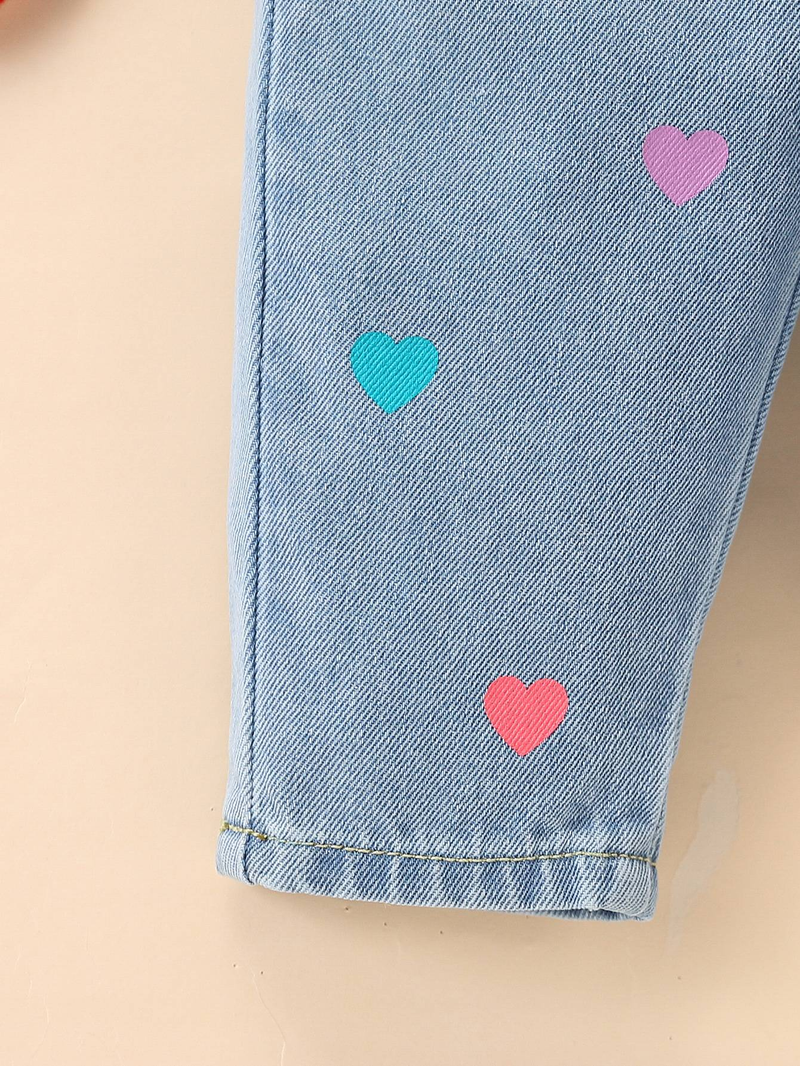 Pantaloni in denim per bambine, in denim azzurro chiaro lavato, con stampa a cuore, carini, casual, semplici, versatili, comodi e con elastico in vita._voghion.com