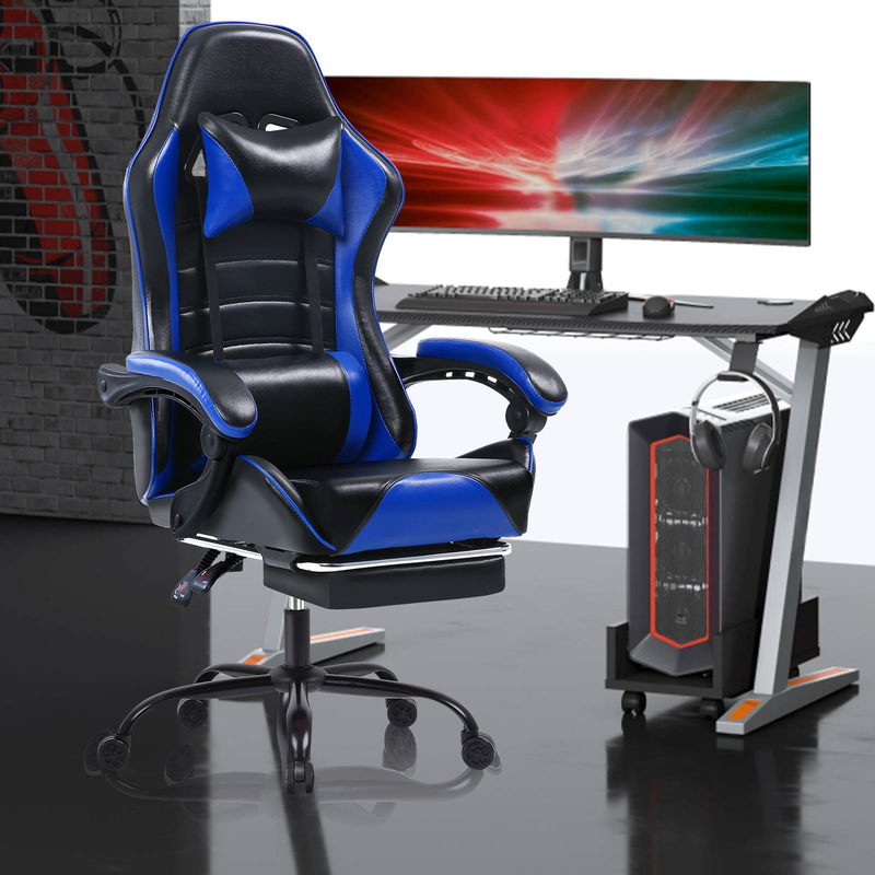 Multifunktionaler Gaming-Stuhl mit ergonomisch verstellbarer Rückenlehne, Armlehnen mit Verbindungsstücken und hochdichtem Kissen, Blau_voghion.com