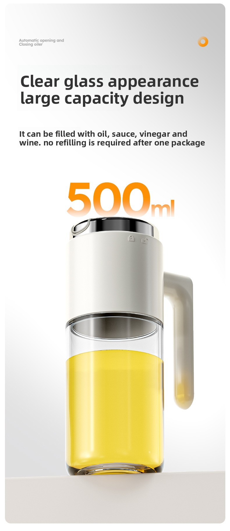Garrafa dispensadora de óleo de vidro com tampa de aço inoxidável com abertura automática – Garrafa de cozinha à prova de vazamentos para óleo, vinagre e molho de soja (estilo minimalista moderno)_voghion.com