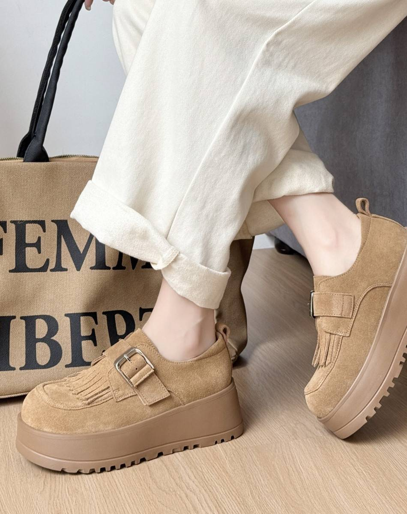 Cameido Women's Casual Shoes - Round Toe Suede Leather With Foam Sole, 6CM Heel, Camel Color_voghion.com