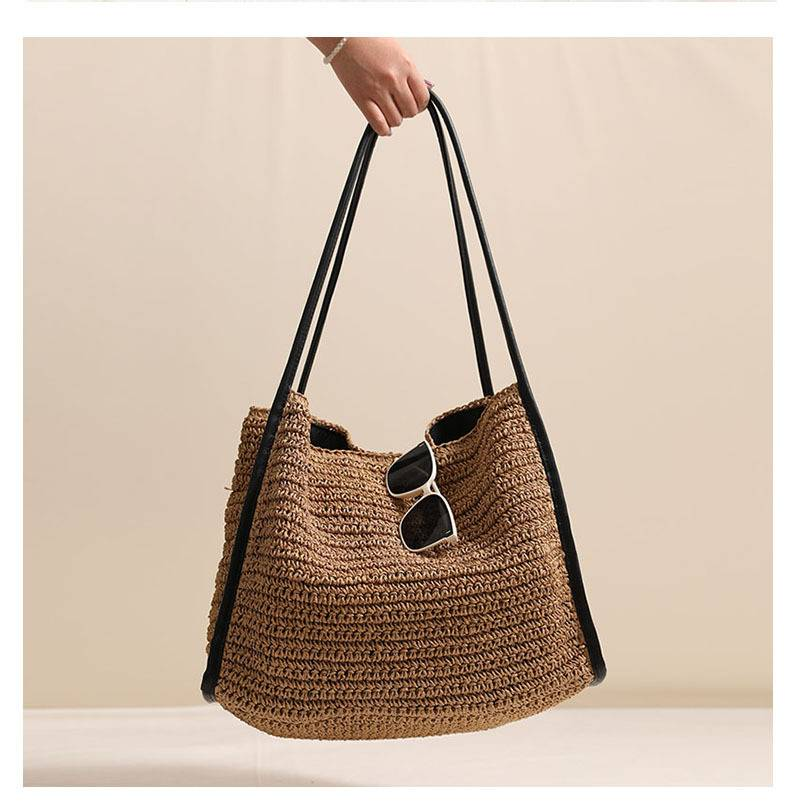 Strohtasche mit großer Kapazität, Strandtasche für Damen im Urlaub, modische einzelne Schultertasche_voghion.com