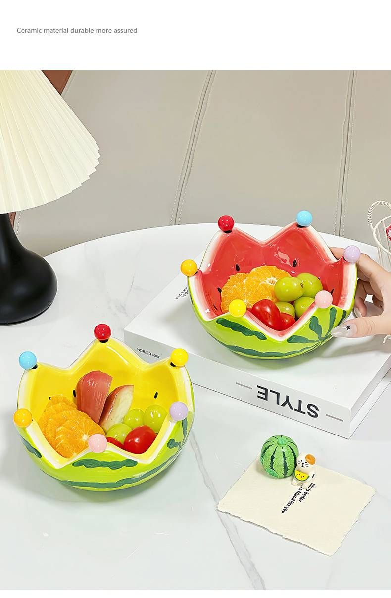 Wassermelonen-Obstteller, kreatives Keramik-Obstgabel-Set, große Kapazität, Wohnzimmer-Teetisch, Obstschale, Teller, süßes kleines Ornament_voghion.com